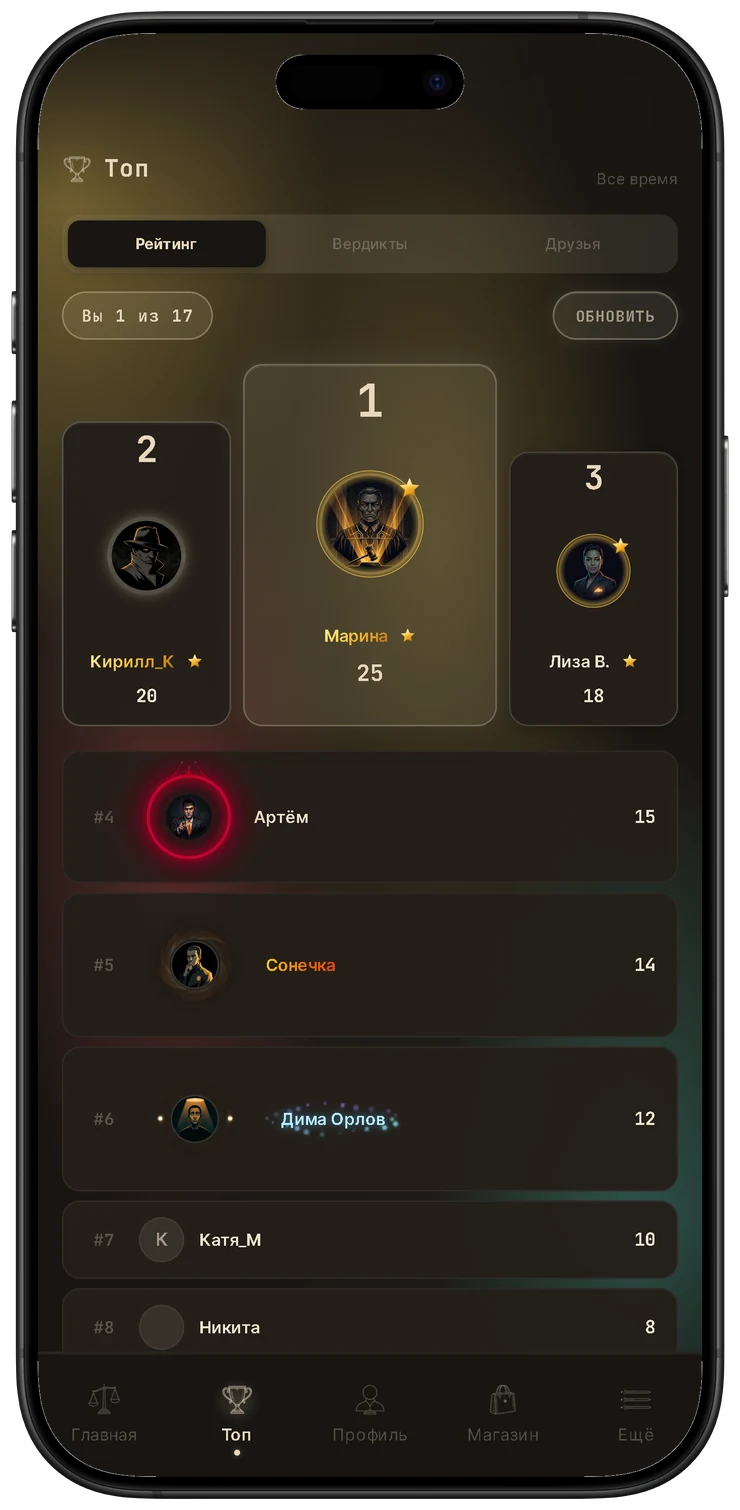 Рейтинг игроков в приложении VERDICT